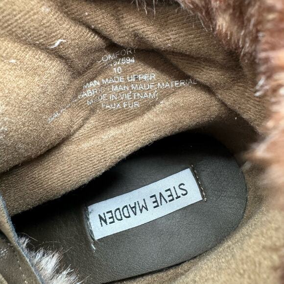 Steve Madden Comfort Combat Faux Fur Lace up Zip Chunky Heel Olive Boots 10 - Picture 3 of 5